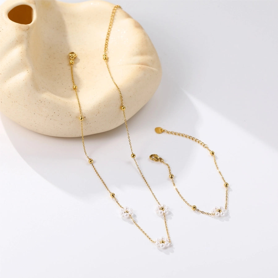 sweet flower stainless steel beaded plating inlay 14k gold plated freshwater pearl bracelets necklace
