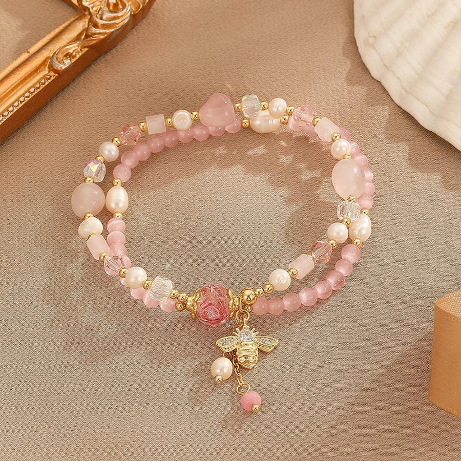 sweet simple style flower bee zircon freshwater pearl pink crystal copper bracelets