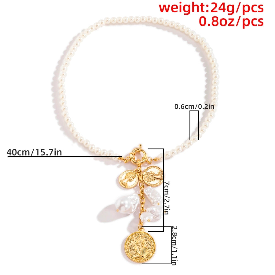 Jewelry Retro Portrait Circle Artificial Pearl Alloy Iron Necklace