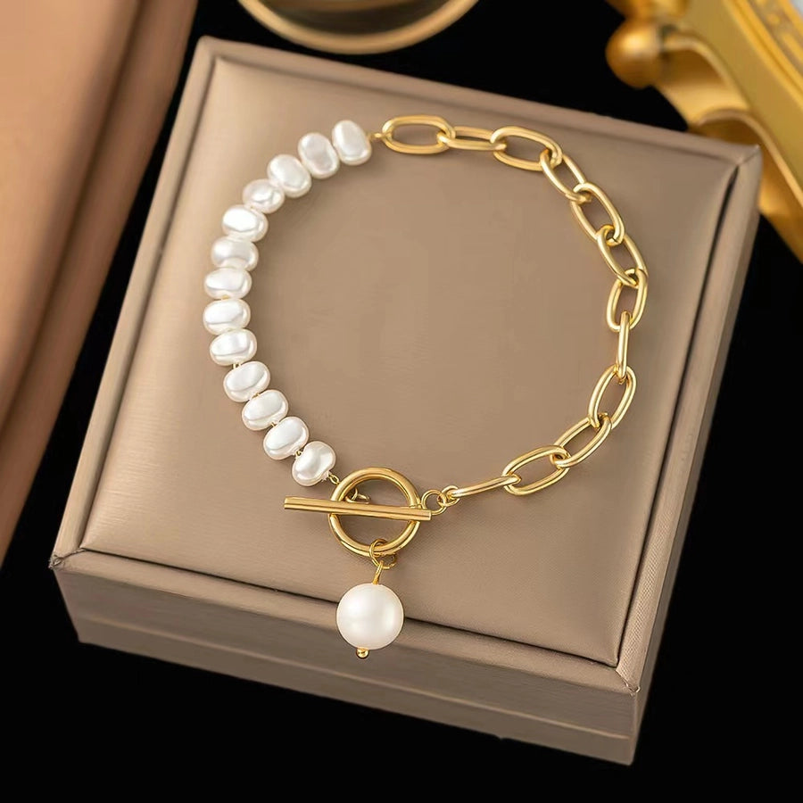 lady butterfly titanium steel plating inlay freshwater pearl bracelets