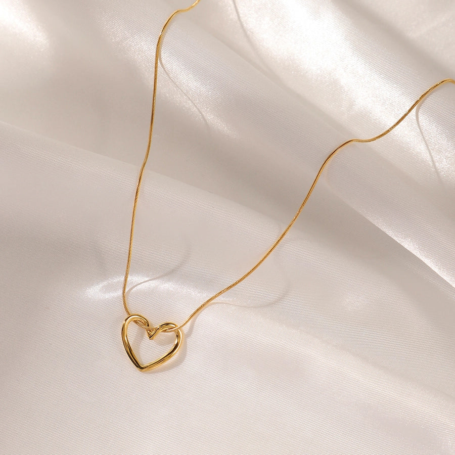 elegant simple style heart shape stainless steel hollow out 18k gold plated pendant necklace