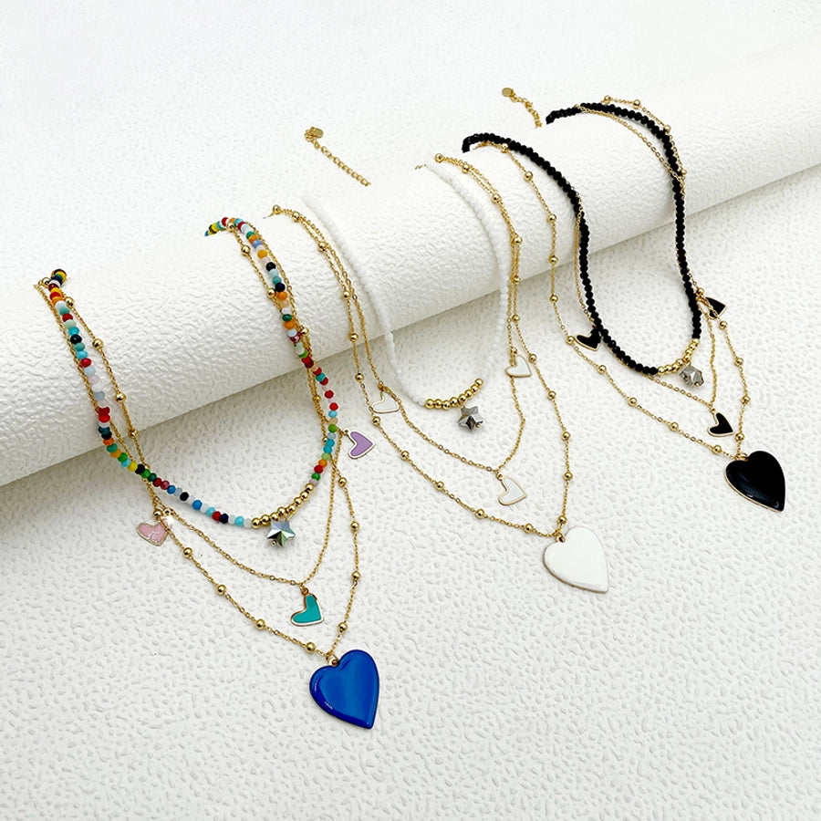 304 Stainless Steel Artificial Crystal Gold Plated Elegant French Style Layered Enamel Plating Heart Shape Three Layer Necklace