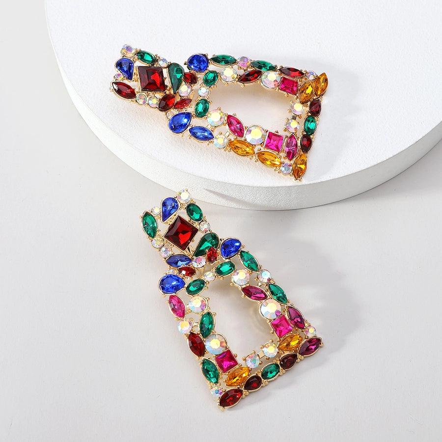 1 pair elegant retro geometric trapezoid hollow out inlay zinc alloy rhinestones drop earrings
