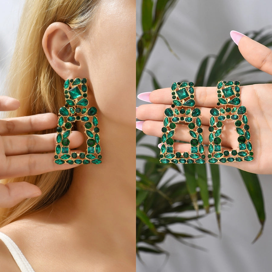 1 pair elegant retro geometric trapezoid hollow out inlay zinc alloy rhinestones drop earrings