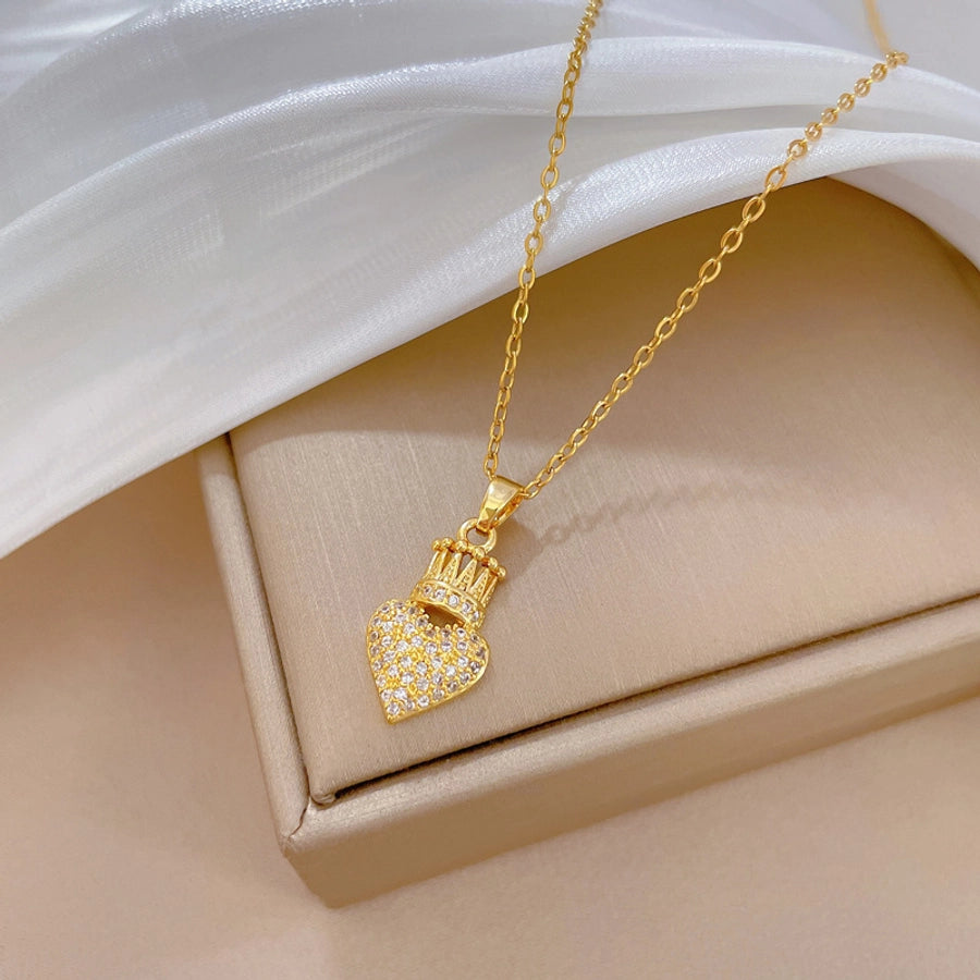 simple style heart shape crown titanium steel copper plating inlay artificial gemstones pendant necklace