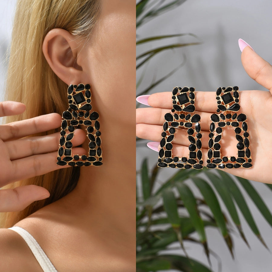 1 pair elegant retro geometric trapezoid hollow out inlay zinc alloy rhinestones drop earrings