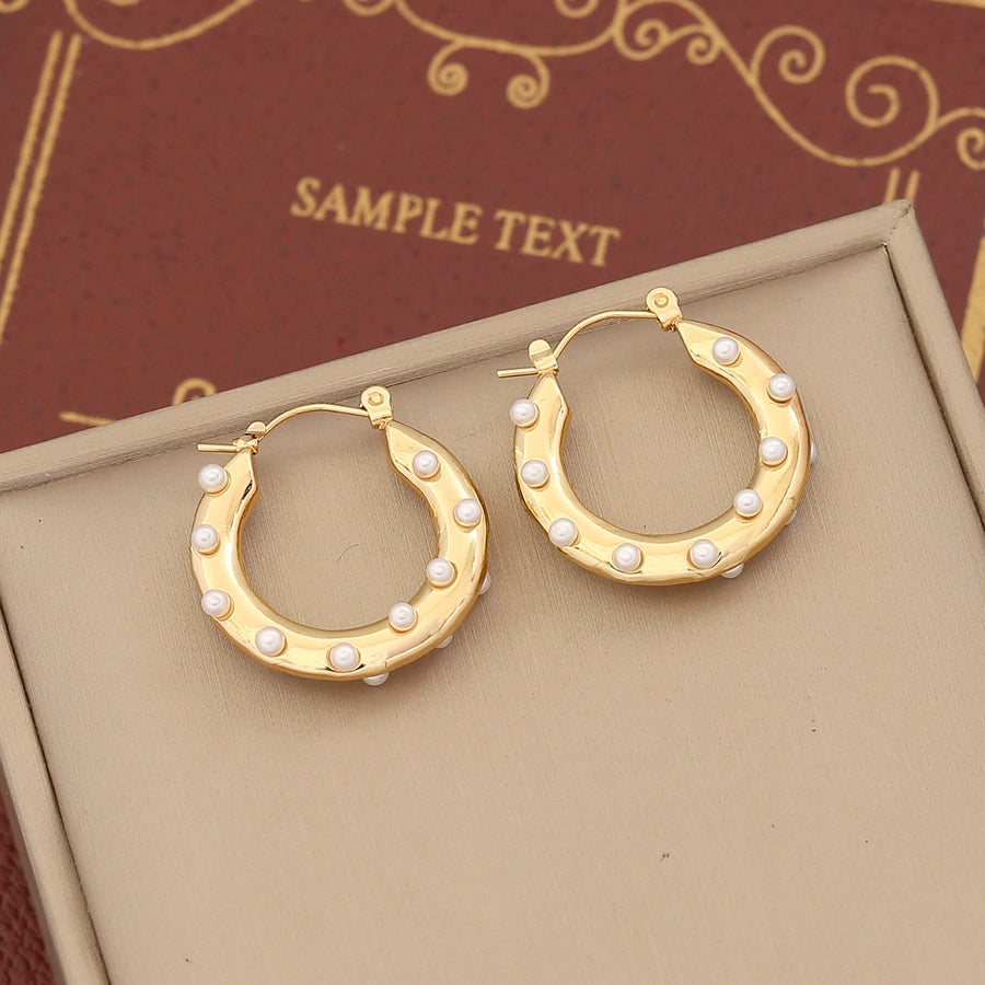 1 Pair IG Style Simple Style C Shape Solid Color Inlay Stainless Steel Artificial Pearls Zircon 18K Gold Plated Ear Studs