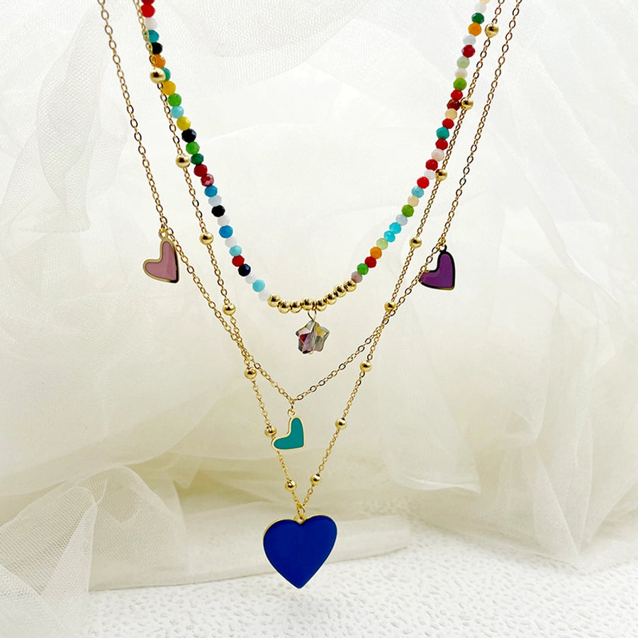 304 Stainless Steel Artificial Crystal Gold Plated Elegant French Style Layered Enamel Plating Heart Shape Three Layer Necklace