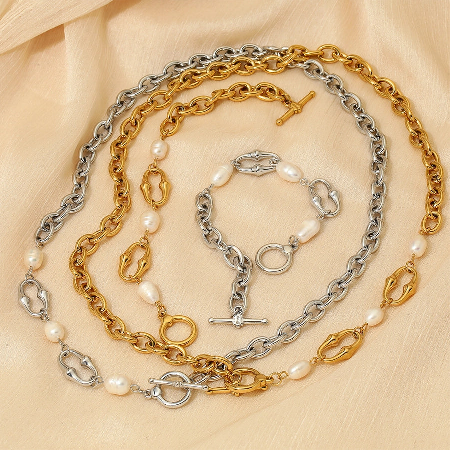 304 Stainless Steel Freshwater Pearl 16K Gold Plated White Gold Plated Gold Plated IG Style Simple Style Classic Style Polishing Plating Solid Color Bracelets Necklace