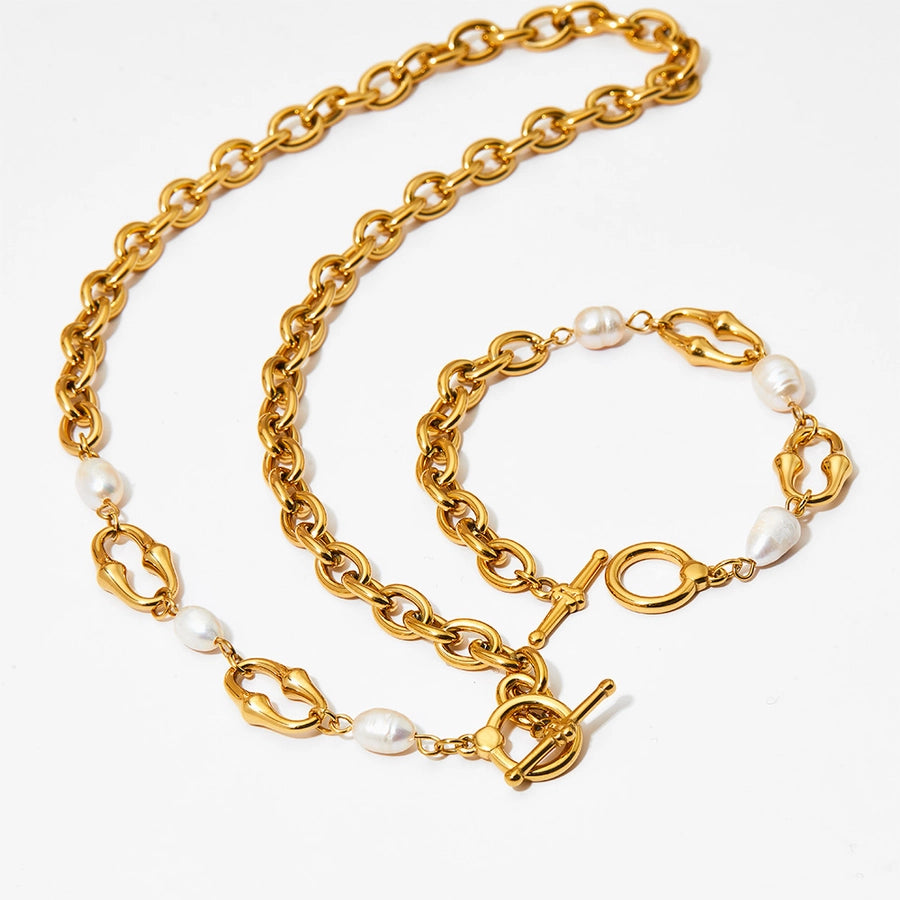 304 Stainless Steel Freshwater Pearl 16K Gold Plated White Gold Plated Gold Plated IG Style Simple Style Classic Style Polishing Plating Solid Color Bracelets Necklace
