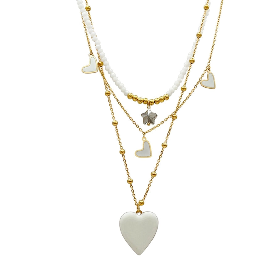 304 Stainless Steel Artificial Crystal Gold Plated Elegant French Style Layered Enamel Plating Heart Shape Three Layer Necklace