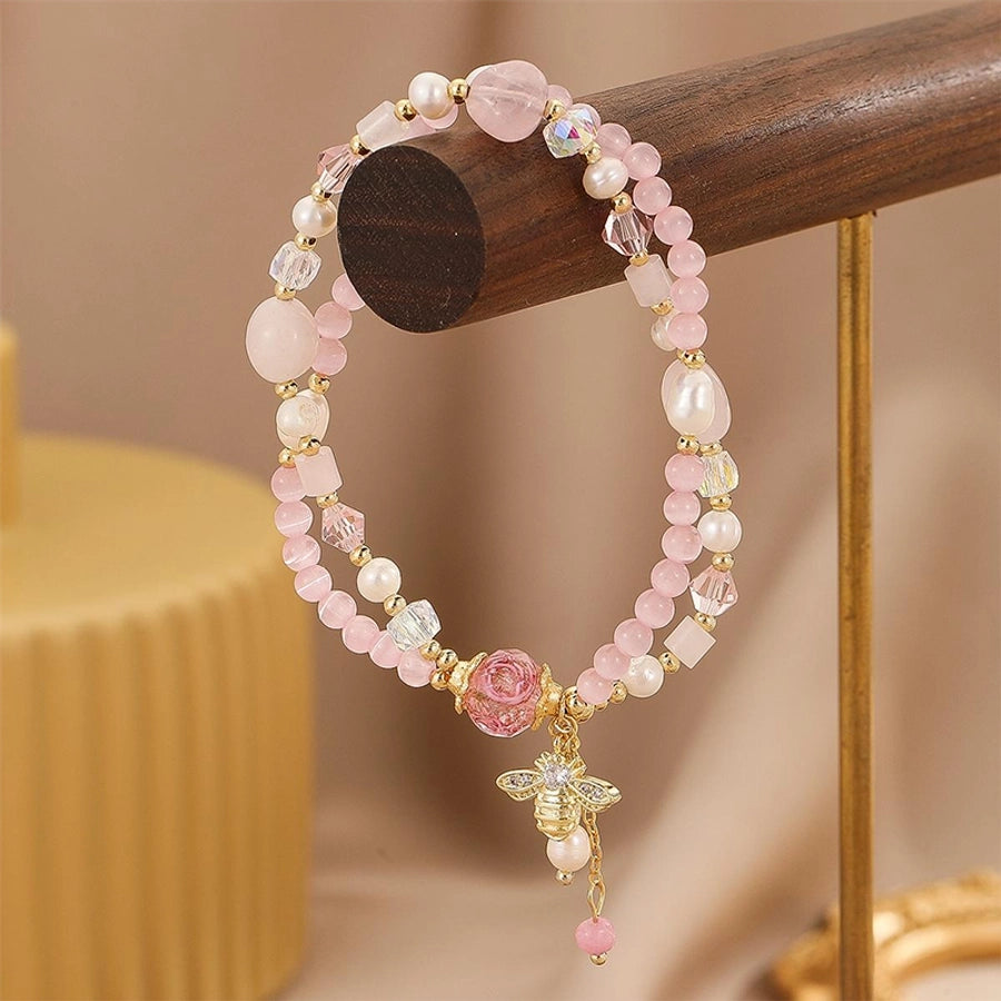 sweet simple style flower bee zircon freshwater pearl pink crystal copper bracelets