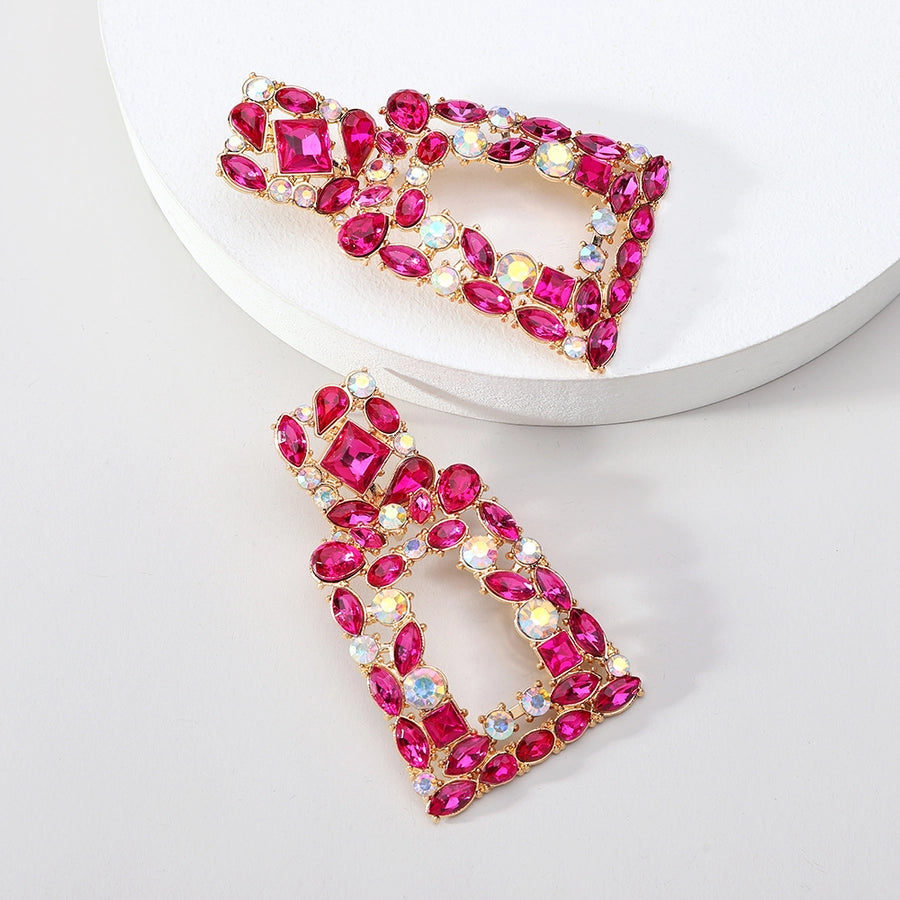 1 pair elegant retro geometric trapezoid hollow out inlay zinc alloy rhinestones drop earrings