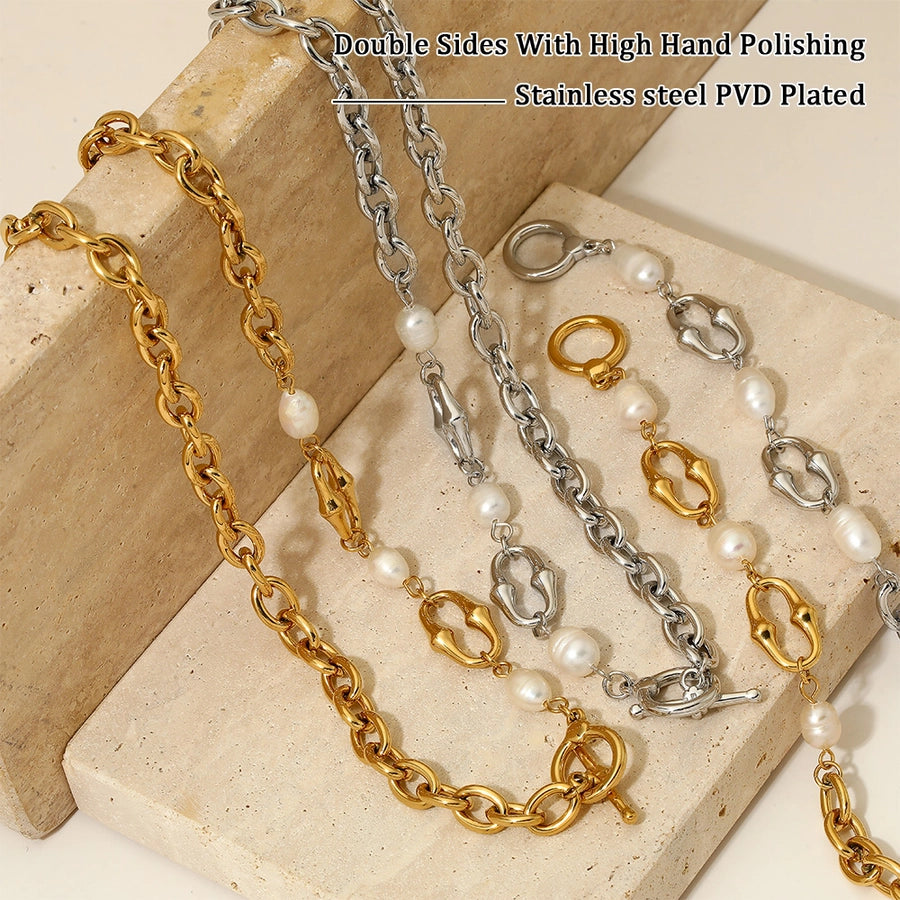 304 Stainless Steel Freshwater Pearl 16K Gold Plated White Gold Plated Gold Plated IG Style Simple Style Classic Style Polishing Plating Solid Color Bracelets Necklace
