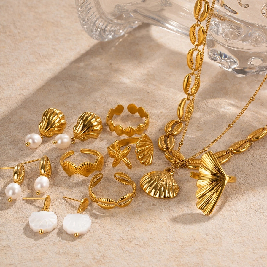 ig style beach starfish shell stainless steel imitation pearl plating 18k gold plated rings earrings necklace