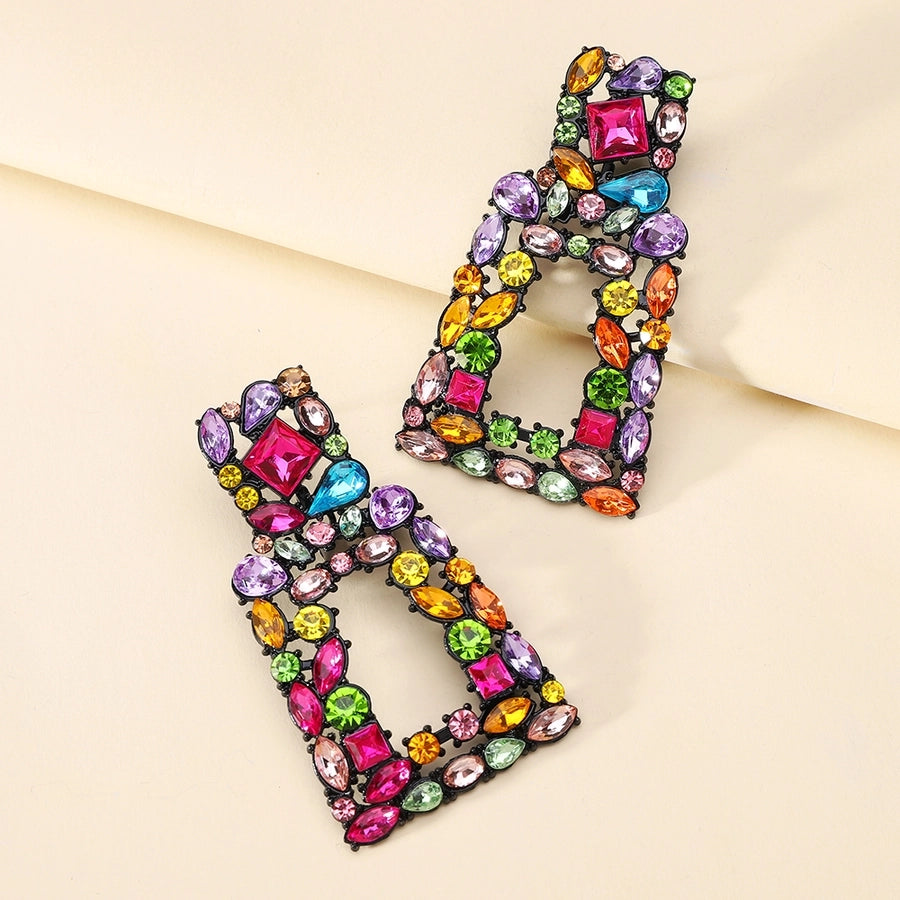 1 pair elegant retro geometric trapezoid hollow out inlay zinc alloy rhinestones drop earrings
