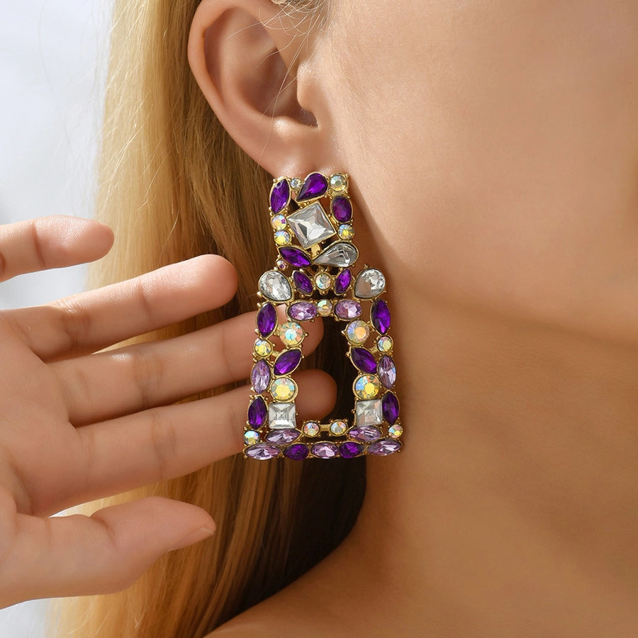 1 pair elegant retro geometric trapezoid hollow out inlay zinc alloy rhinestones drop earrings
