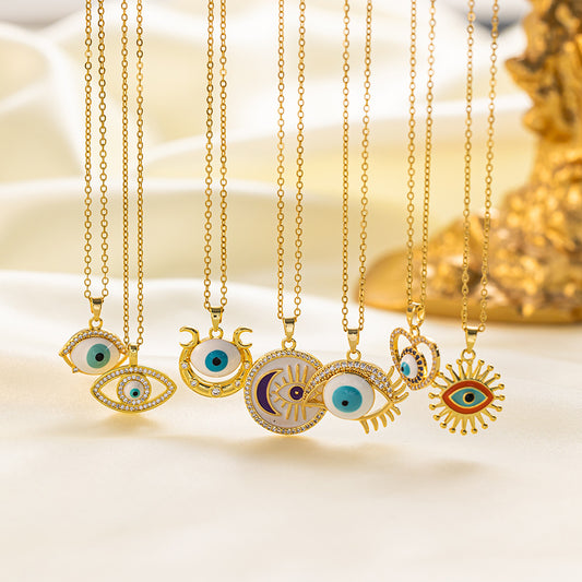 304 Stainless Steel 18K Gold Plated Vintage Style Simple Style Inlaid Zircon Eye Artificial Rhinestones Resin Pendant Necklace