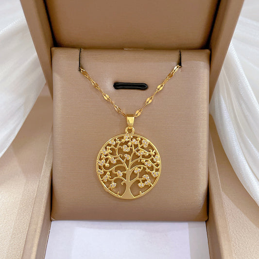 fashion round tree titanium steel copper zircon pendant necklace in bulk
