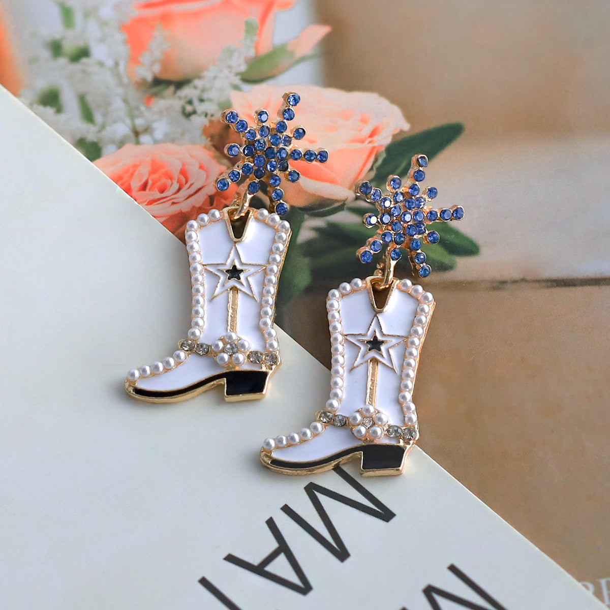 1 pair cowboy style boots inlay alloy artificial gemstones drop earrings