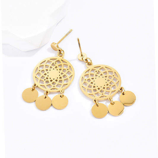 1 Pair Ethnic Style Round Tassel Hollow Out 304 Stainless Steel 14K Gold Plated Earrings
