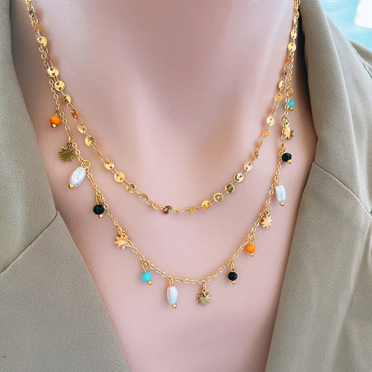 fashion geometric star titanium steel inlay artificial pearls beads layered necklaces