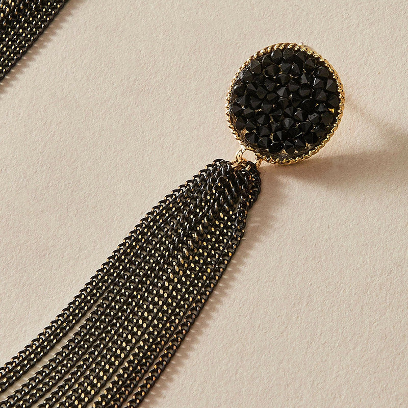 black retro long diamond tassel earrings