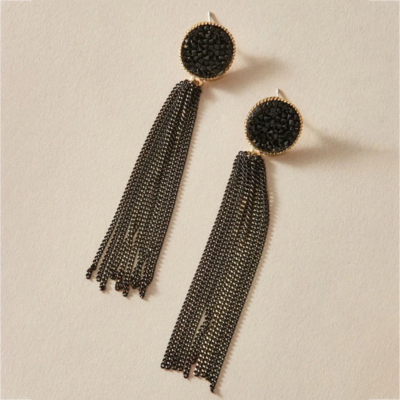 black retro long diamond tassel earrings