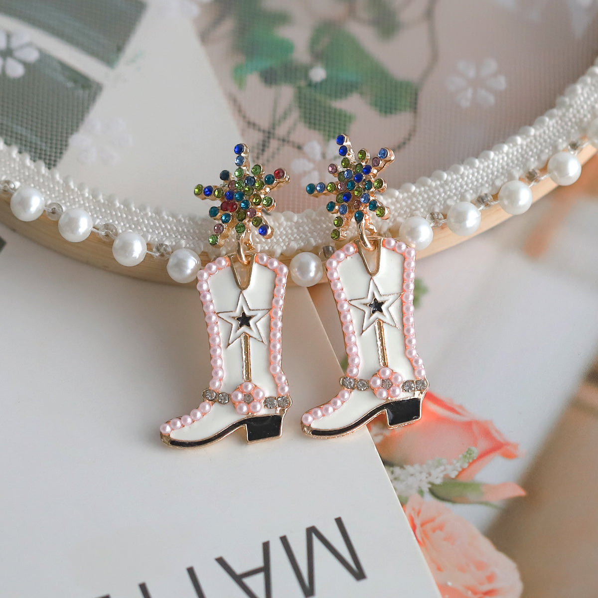 1 pair cowboy style boots inlay alloy artificial gemstones drop earrings