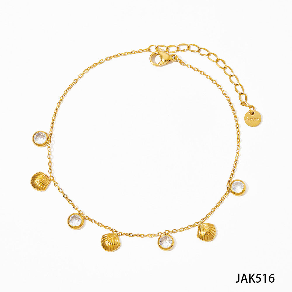 304 Stainless Steel 16K Gold Plated White Gold Plated Gold Plated Elegant Lady Plating Inlay Shell Zircon Anklet Necklace