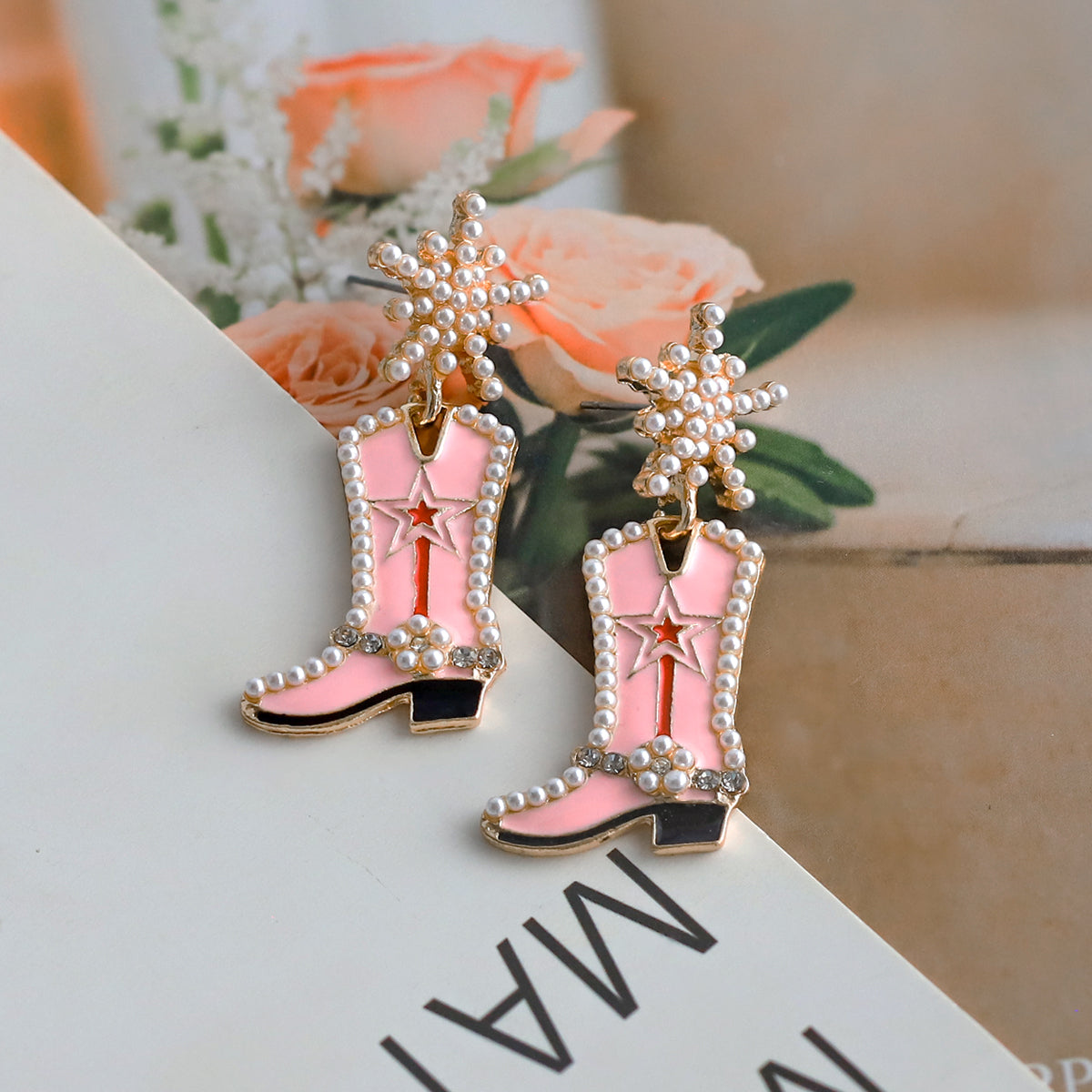 1 pair cowboy style boots inlay alloy artificial gemstones drop earrings