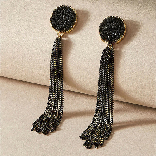 black retro long diamond tassel earrings