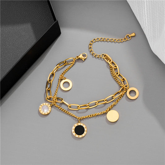 new black and white shells contrast color double-layer titanium steel women's bracelet