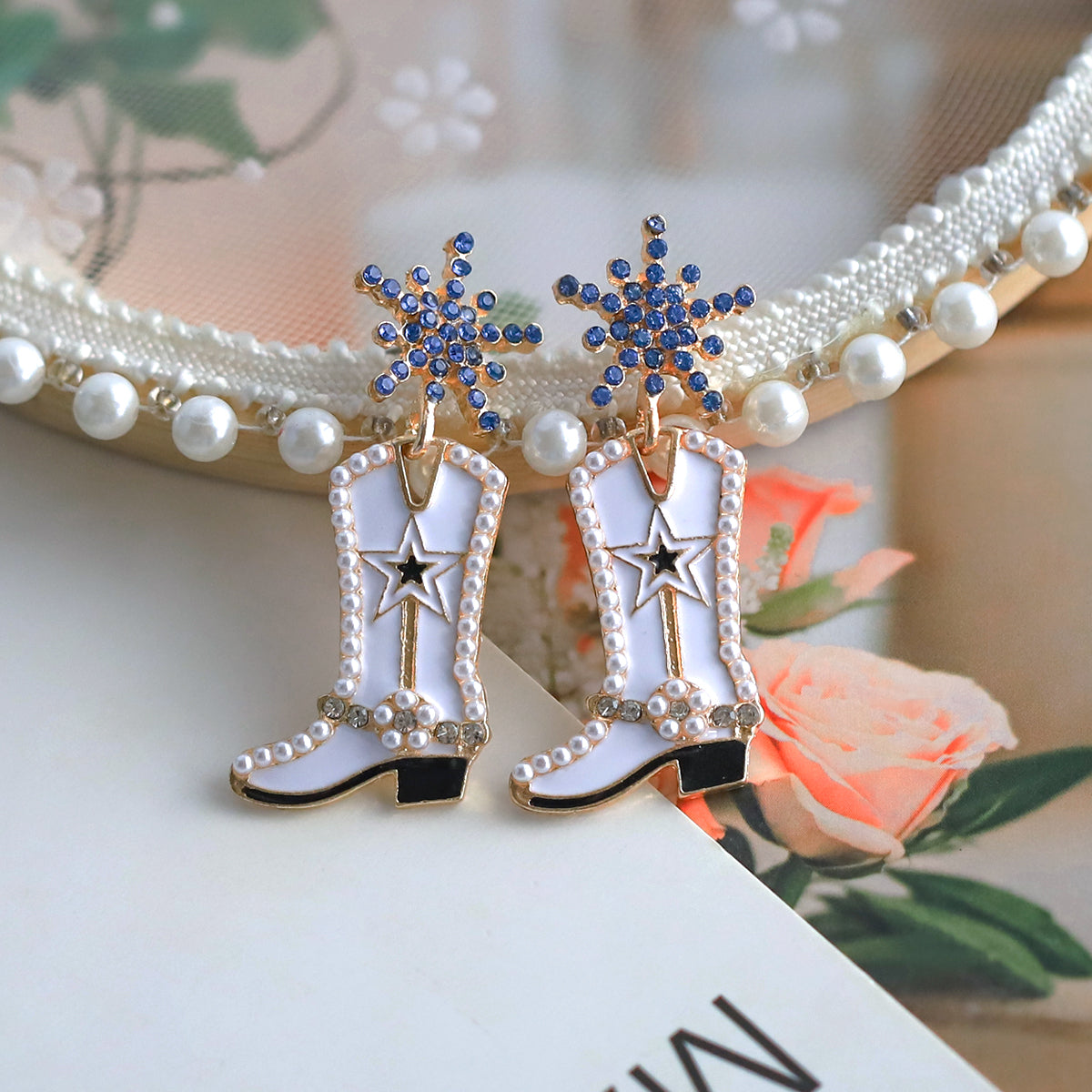 1 pair cowboy style boots inlay alloy artificial gemstones drop earrings