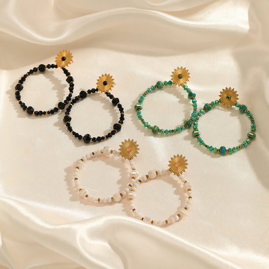 1 pair ethnic style circle sun beaded handmade inlay stainless steel natural stone drop earrings