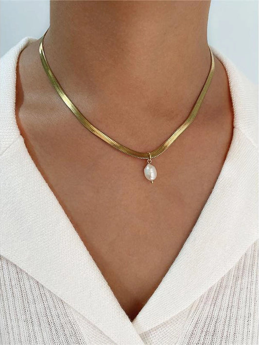 simple style classic style geometric stainless steel freshwater pearl plating 18k gold plated pendant necklace
