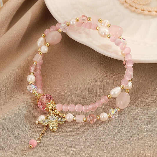 sweet simple style flower bee zircon freshwater pearl pink crystal copper  bracelets