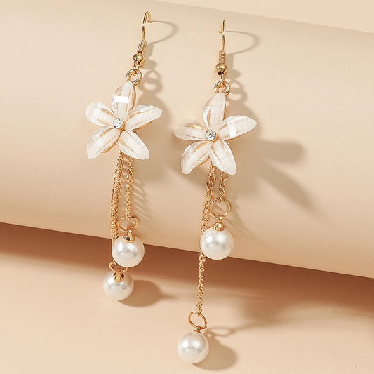 fashion flower shaped pearl tassel five-leaf alloy earrings