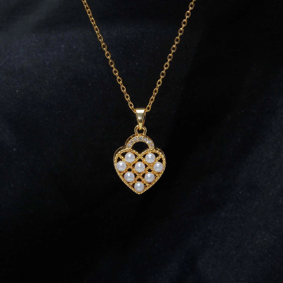 retro heart shape stainless steel plating inlay artificial pearls 18k gold plated pendant necklace