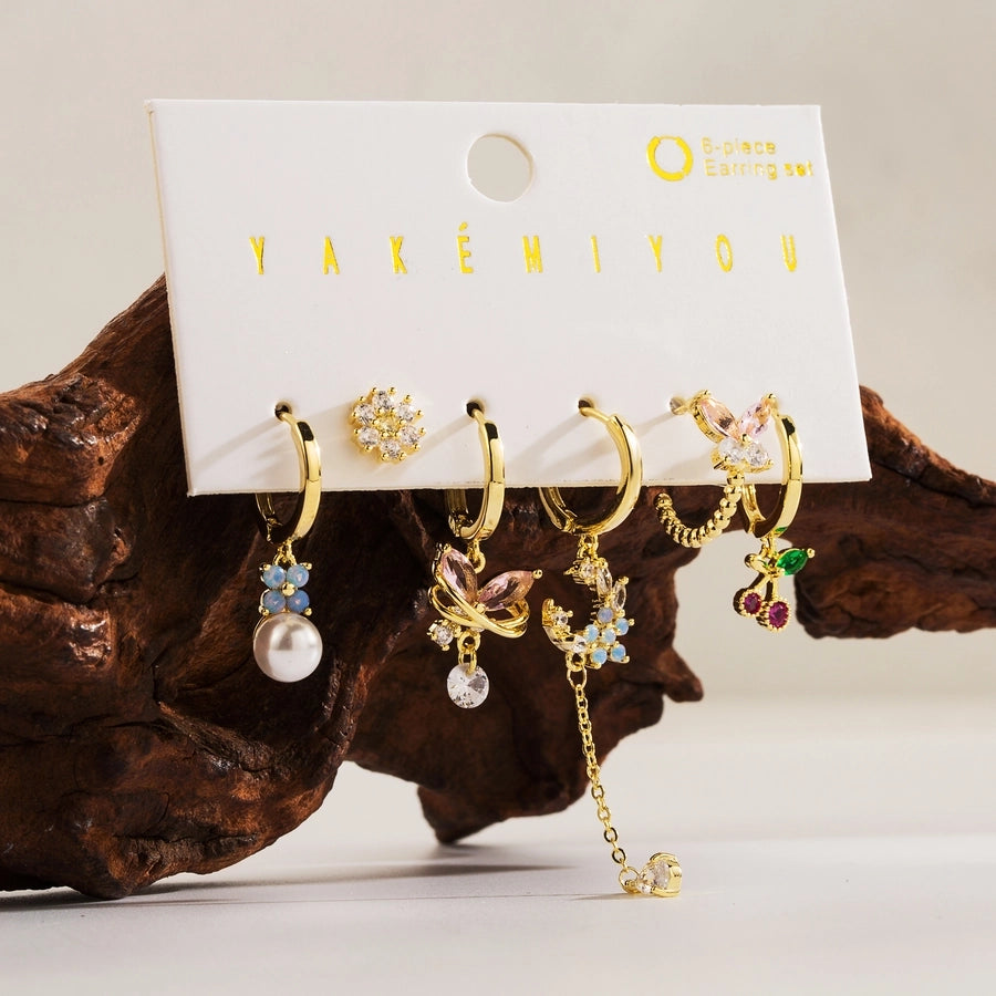 Copper 14K Gold Plated Yakemiyou Sweet Commute Inlay Cherry Flower Butterfly Acrylic Artificial Pearls Zircon Drop Earrings
