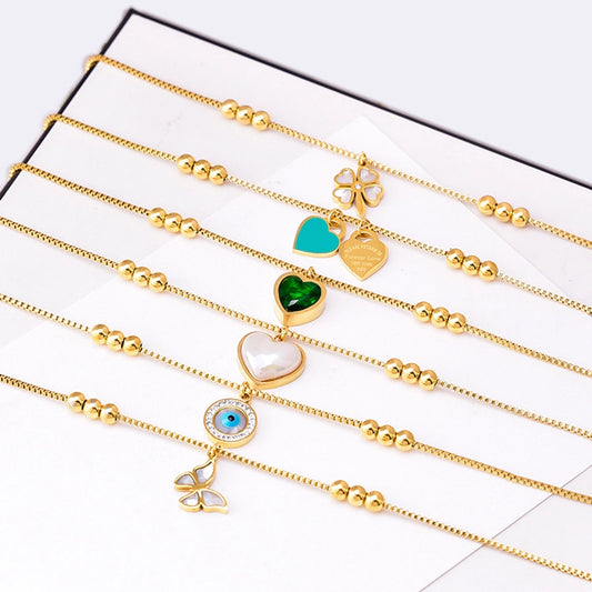 simple style devil's eye heart shape butterfly titanium steel inlay artificial pearls shell zircon women's anklet