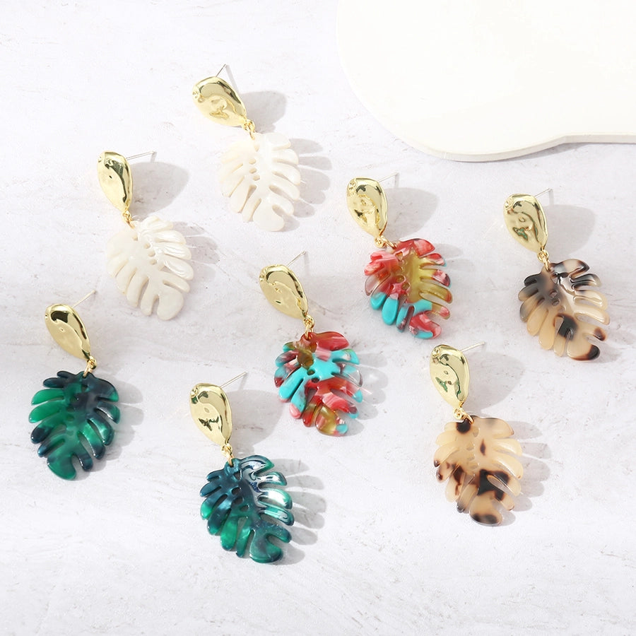 1 pair fashion leaves plastic resin gold plated women's drop earrings