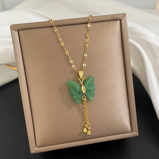 fashion butterfly titanium steel copper tassel plating pendant necklace