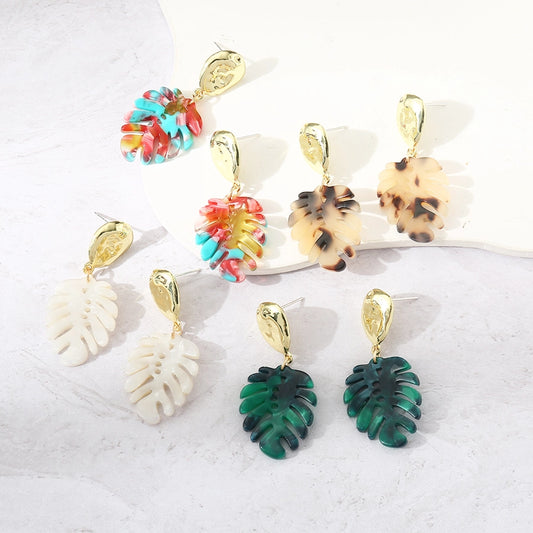 1 pair fashion leaves plastic resin gold plated women's drop earrings