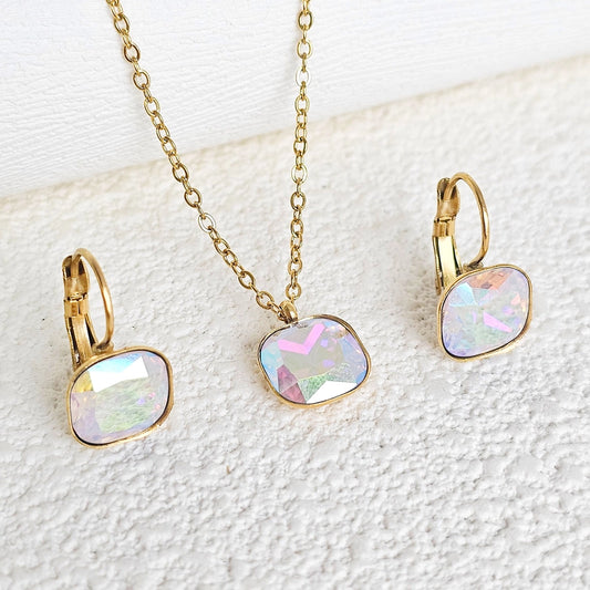 304 Stainless Steel Gold Plated Simple Style Shiny Inlay Square Zircon Jewelry Set