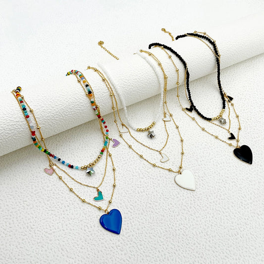 304 Stainless Steel Artificial Crystal Gold Plated Elegant French Style Layered Enamel Plating Heart Shape Three Layer Necklace