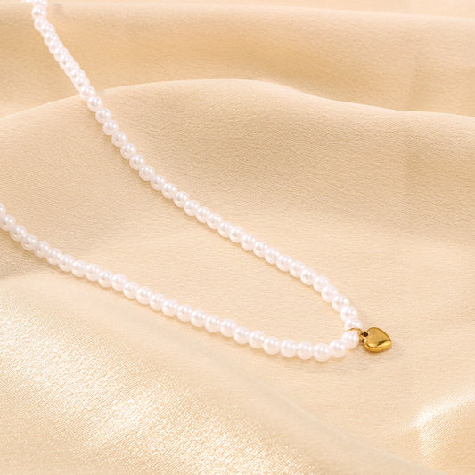304 Stainless Steel Artificial Pearl 18K Gold Plated IG Style Elegant Romantic Beaded Heart Shape Pendant Necklace