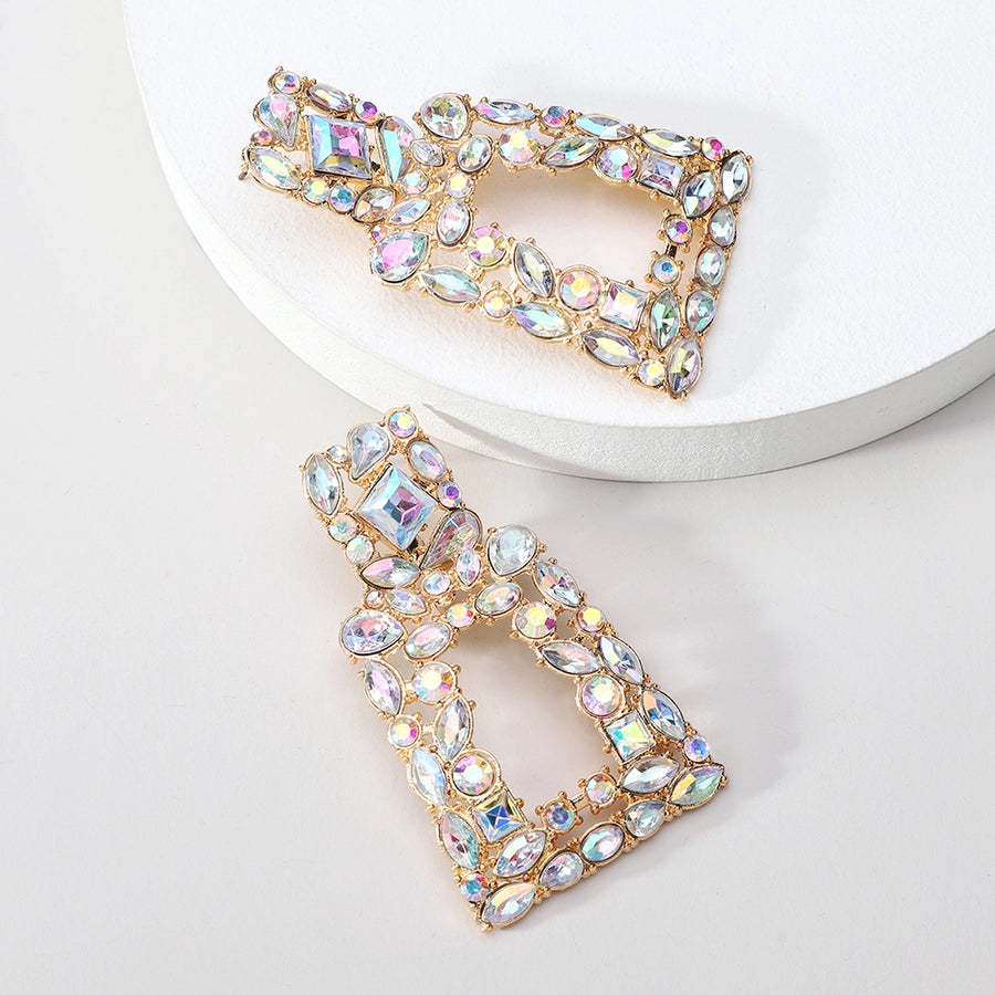 1 pair elegant retro geometric trapezoid hollow out inlay zinc alloy rhinestones drop earrings