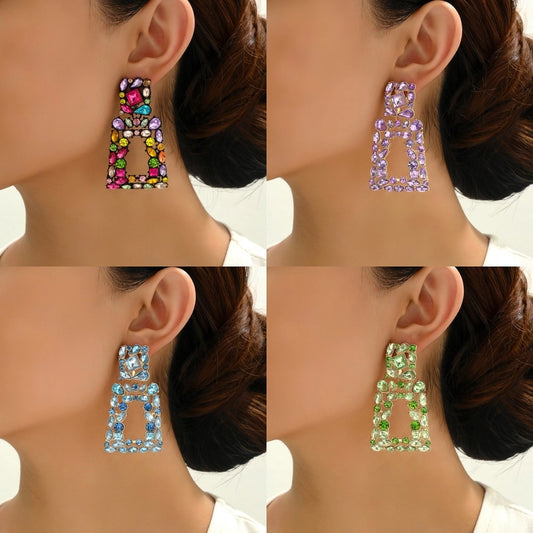 1 pair elegant retro geometric trapezoid hollow out inlay zinc alloy rhinestones drop earrings